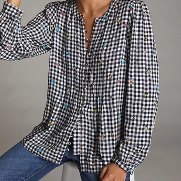 Anthropologie Tops - Anthropologie Pilcro M NWT Embroidered Gingham Buttondown Shirt Top Blouse